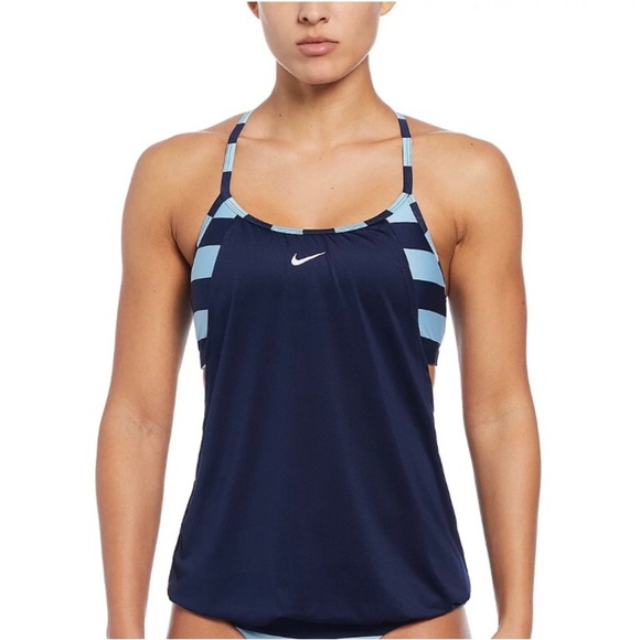 NWOT Women's Nike Blue Stripe Layered Tankini Swim Top Size Large - Picture 1 of 12